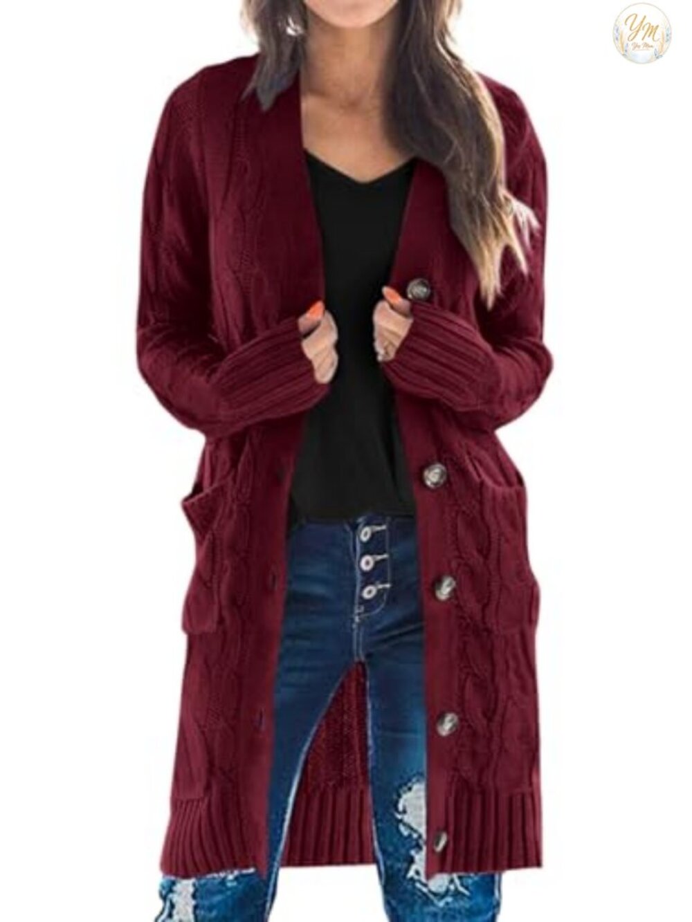 Cable Knit Long Button Cardigan Sweater with Pockets